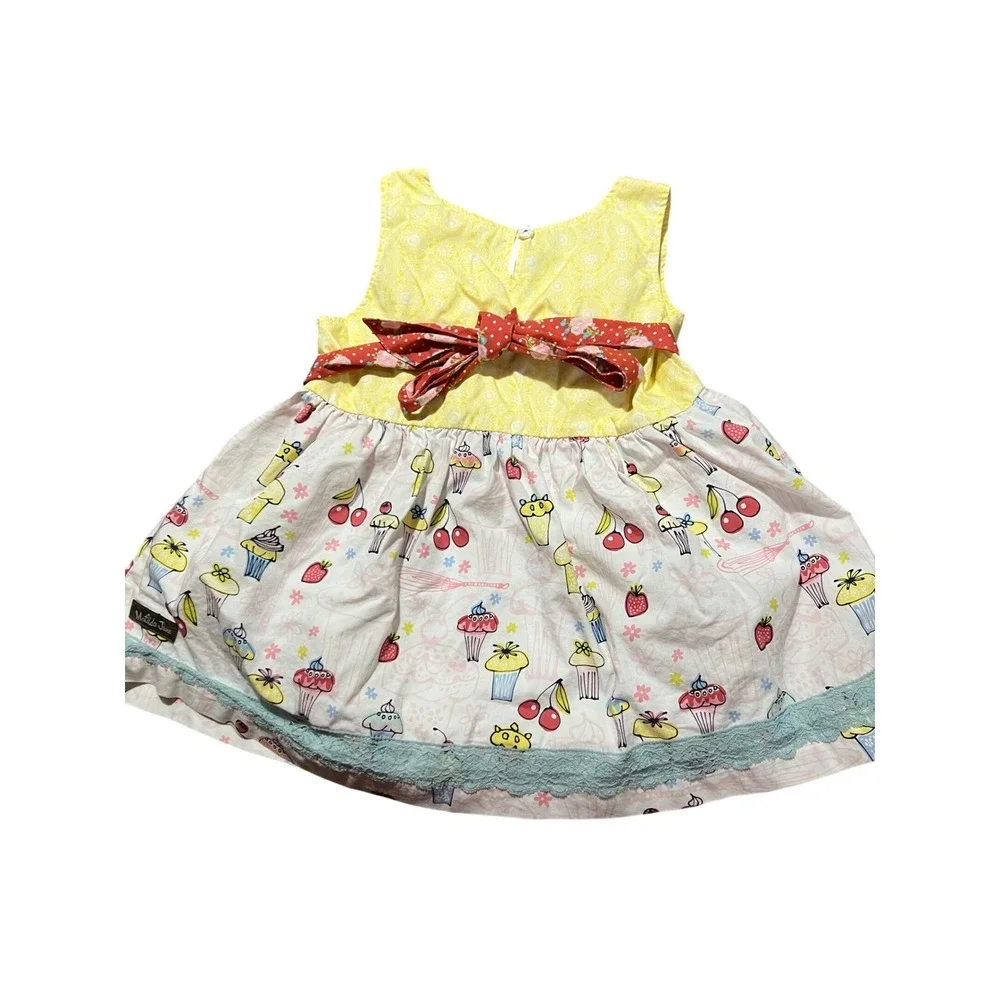 Matilda Jane Girls Cupcake Print Mixed Media Dress Yellow Red Blue Size‎ 6 Party